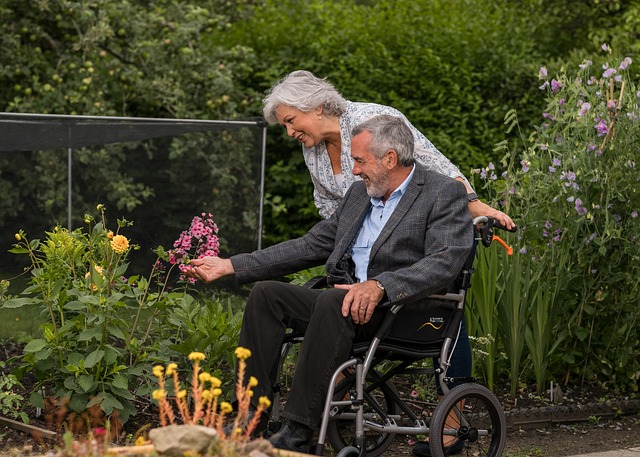 older lady pushing an older man in a wheelchair